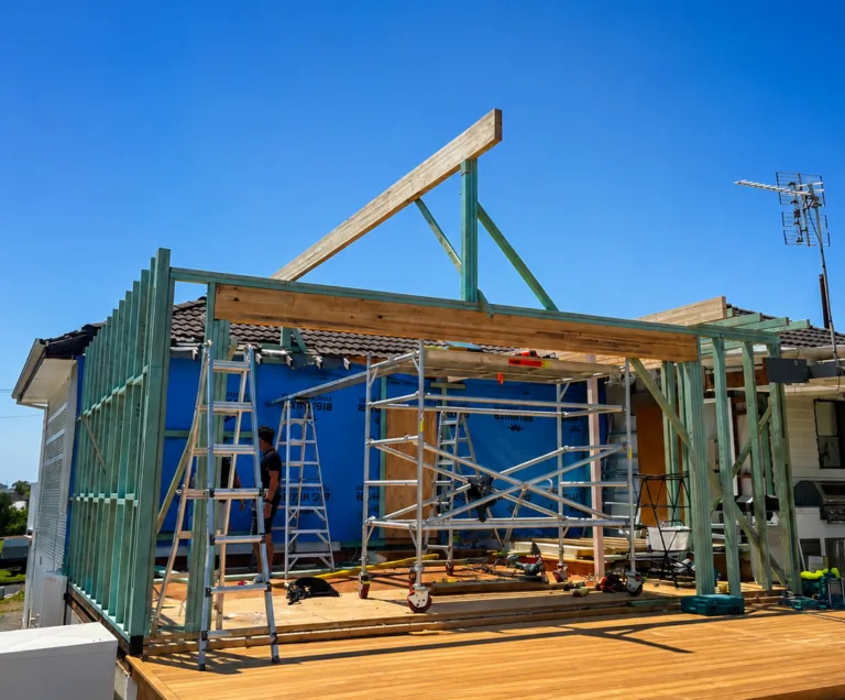 A home extension mid-build, with the new frame and deck going in