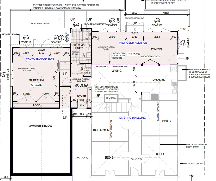 Floor plan marking a proposed guest room over the garage and a proposed dining addition beside the existing living room and kitchen