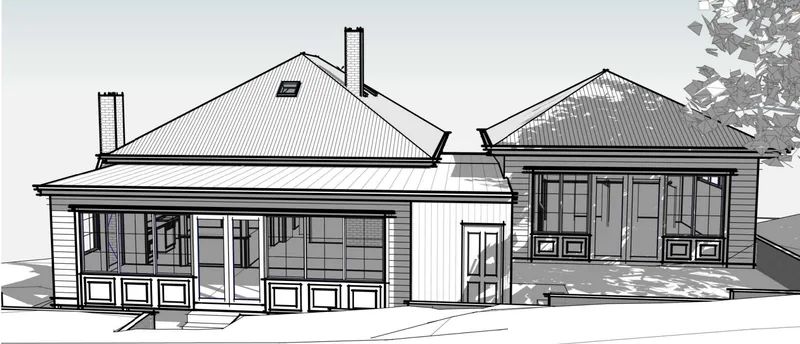 Three-dimensional concept drawing of a weatherboard house with a new addition alongside the existing home
