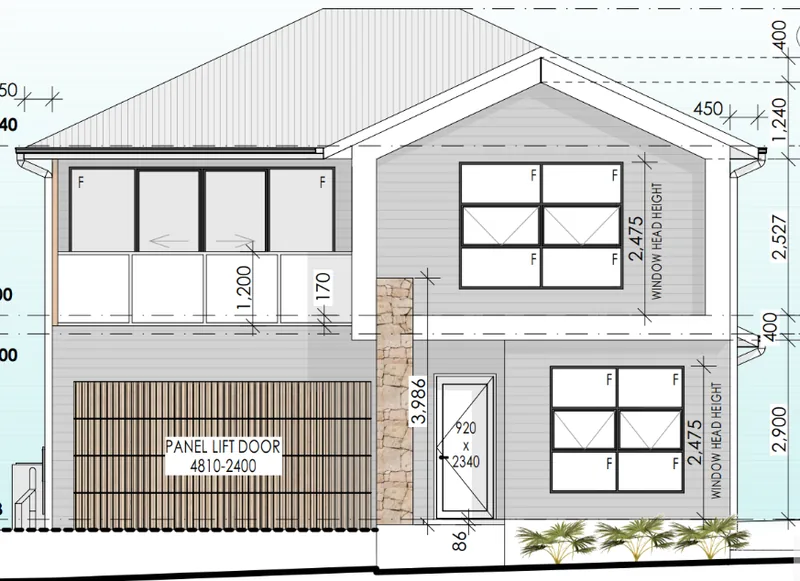 Front elevation drawing of a two-storey home with a garage door at ground level and large windows on the upper level