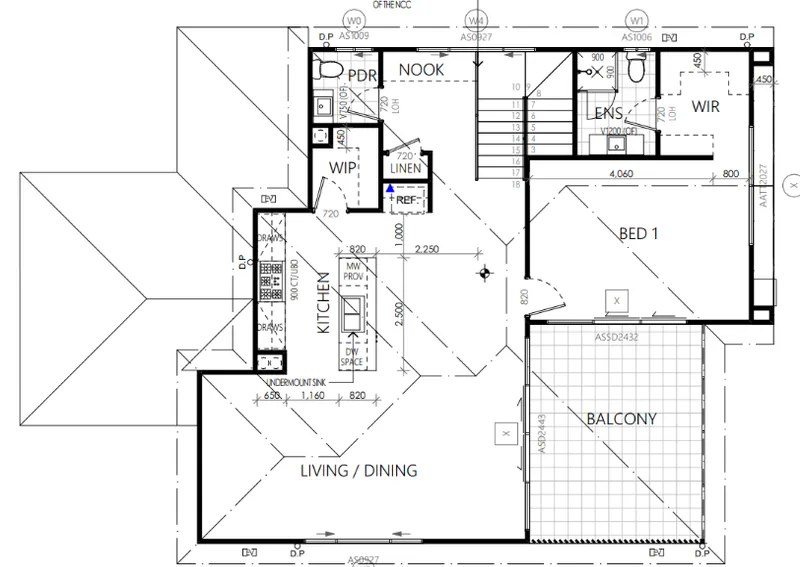 Upper-floor plan with a bedroom, ensuite, walk-in robe, kitchen, living and dining area and balcony, drawn over the outline of the existing roof