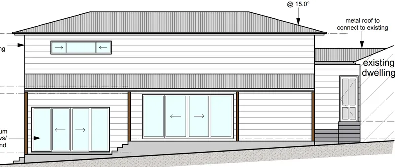 Side elevation drawing of a two-level addition with sliding doors downstairs, windows upstairs and a new metal roof connecting to the existing dwelling